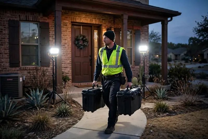 Emergency sewage backup cleanup crew arriving at a Haltom City home at night